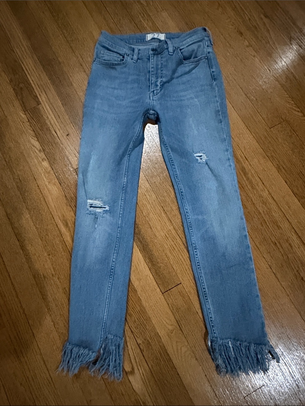 Free People, We The Free Pale Blue Skinny Jeans with Fringed Hem, Great Heights